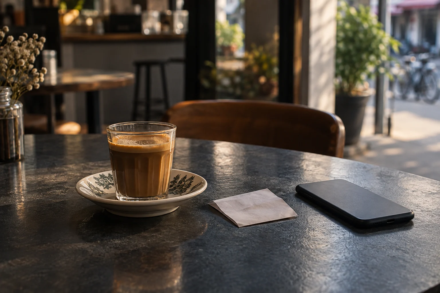 A quiet coffee break, with a phone and folded receipt on the table.